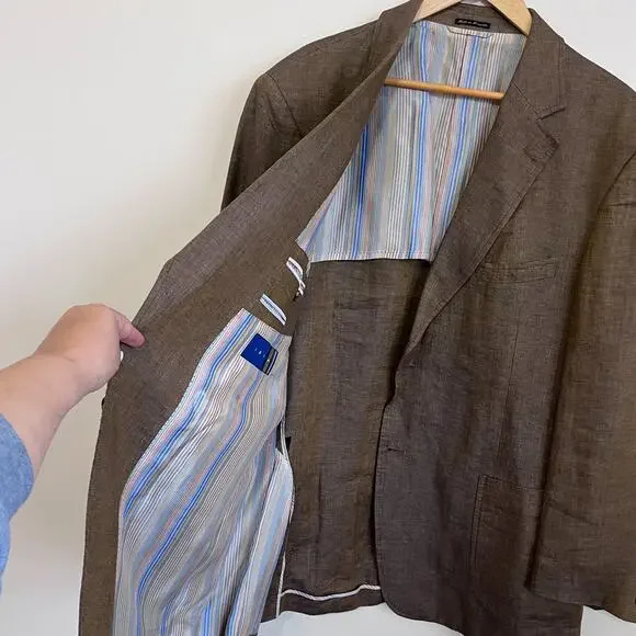 Ibiza Mens Blazer Size‎ 46L Tan Blue Herringbone 100% Linen 2 Button Sport Coat